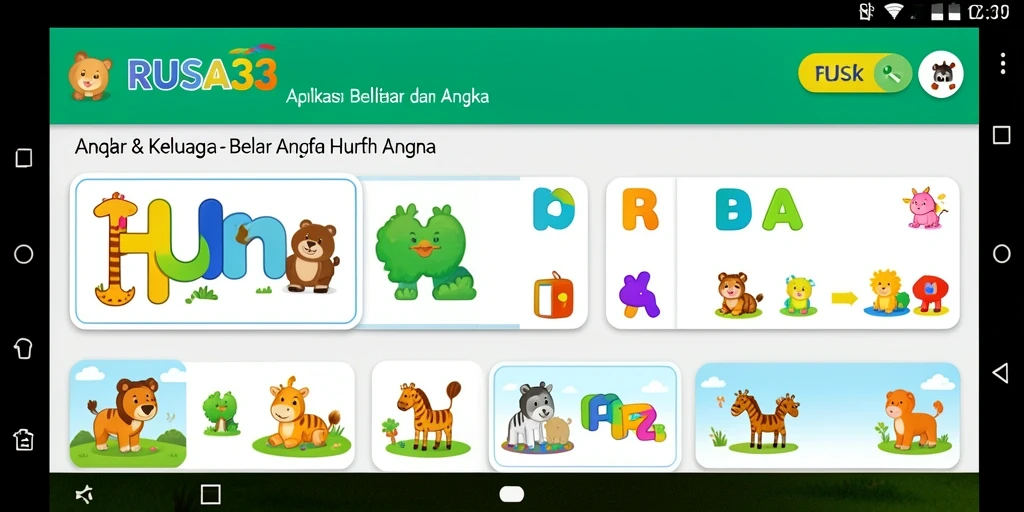 Antarmuka RUSA33 yang menarik untuk belajar huruf dan angka.