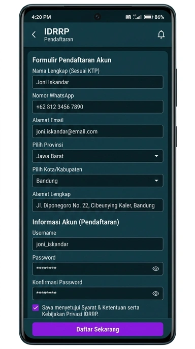 Tampilan halaman daftar idrrp